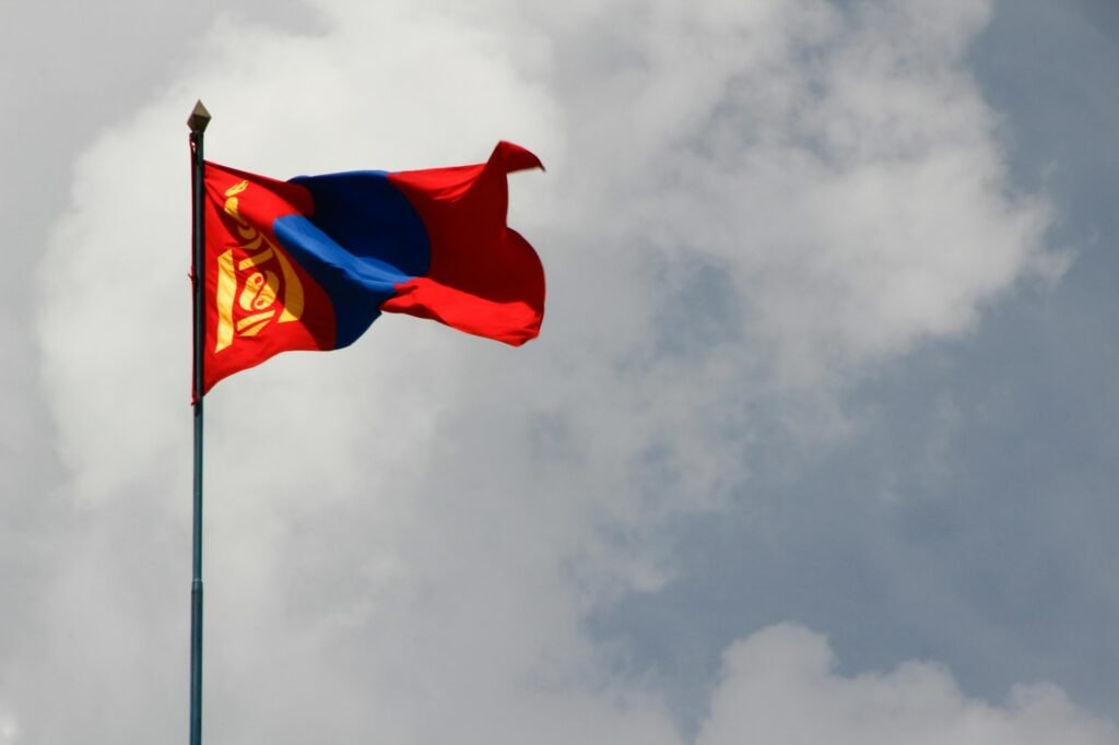 Mongolian Flag waving in a beautiful sunny day